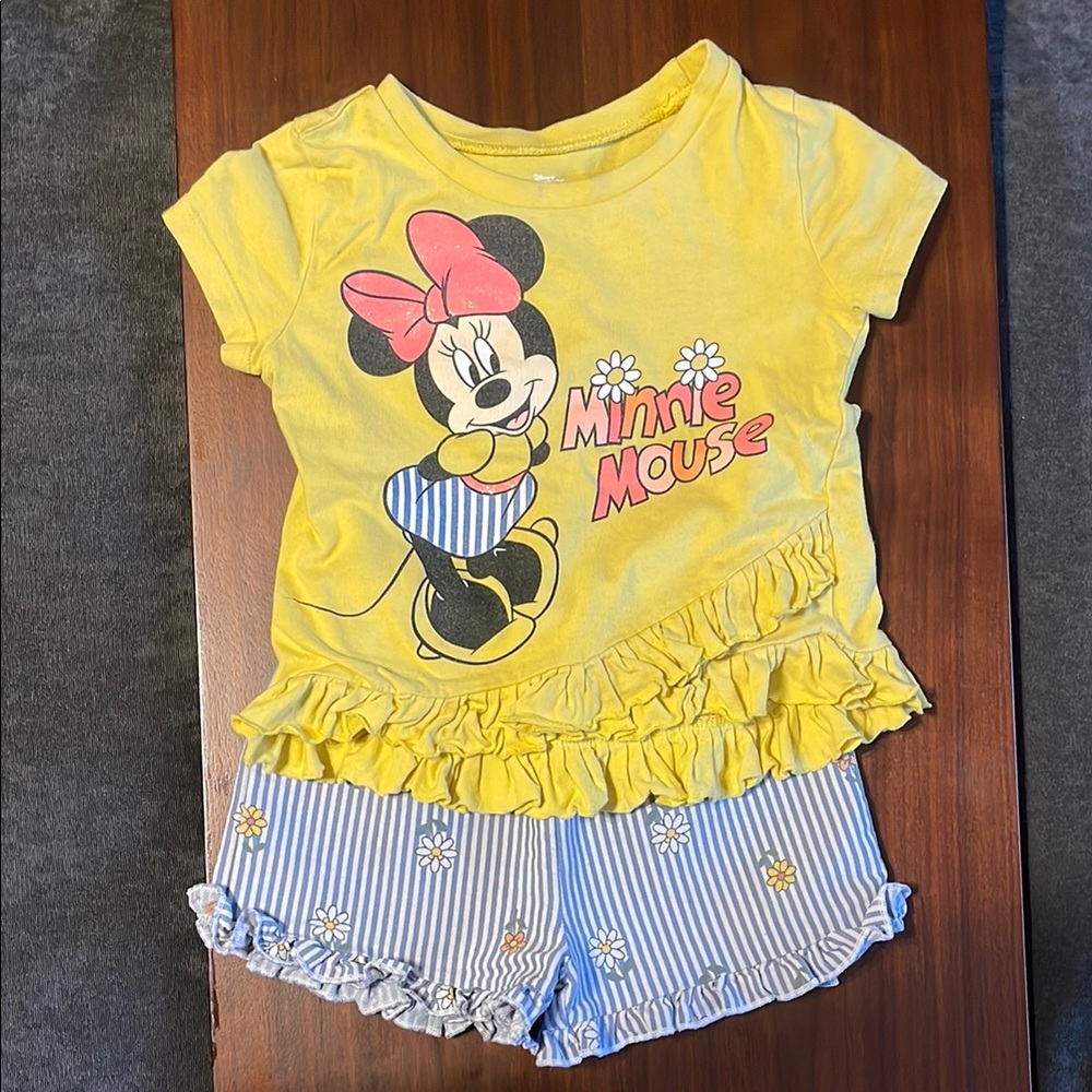 Yellow Minnie Mouse T-Shirt and Striped Shorts Set